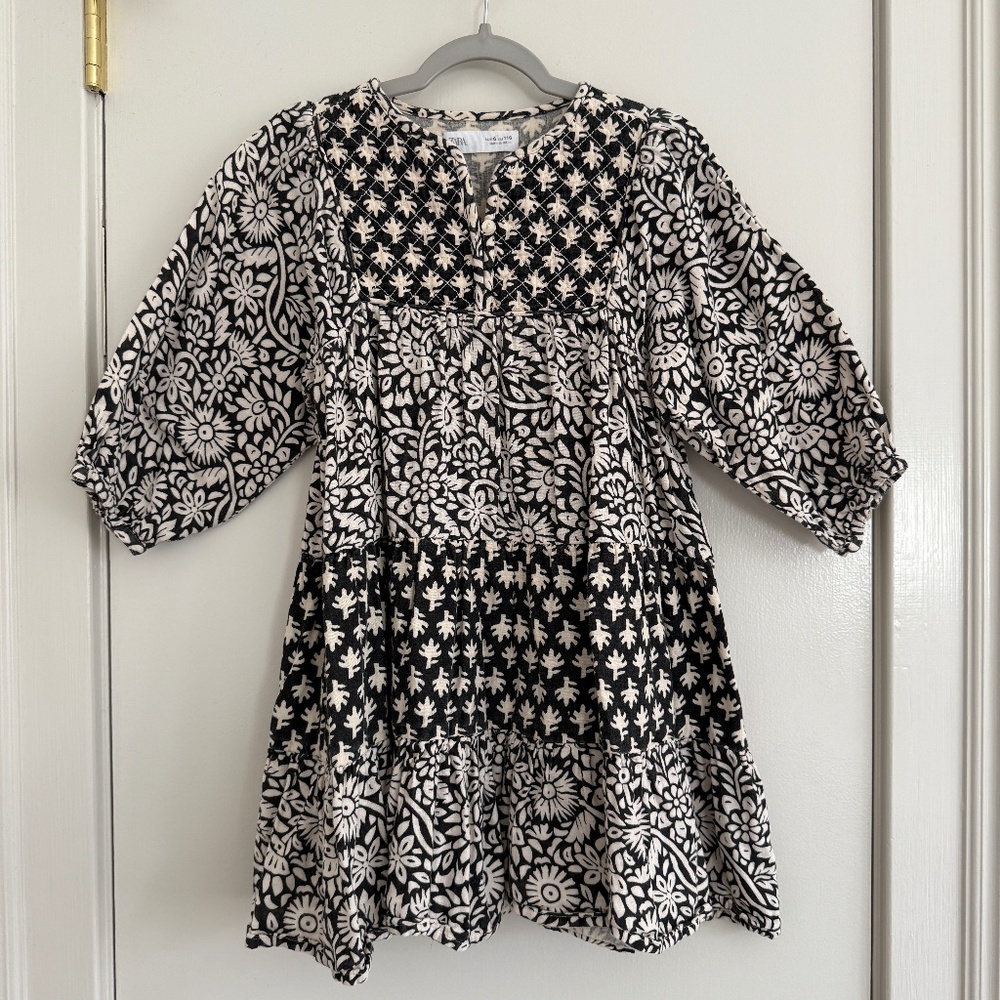 Zara Kid's Floral Quilted Tiered Dress Boho Block Print Size